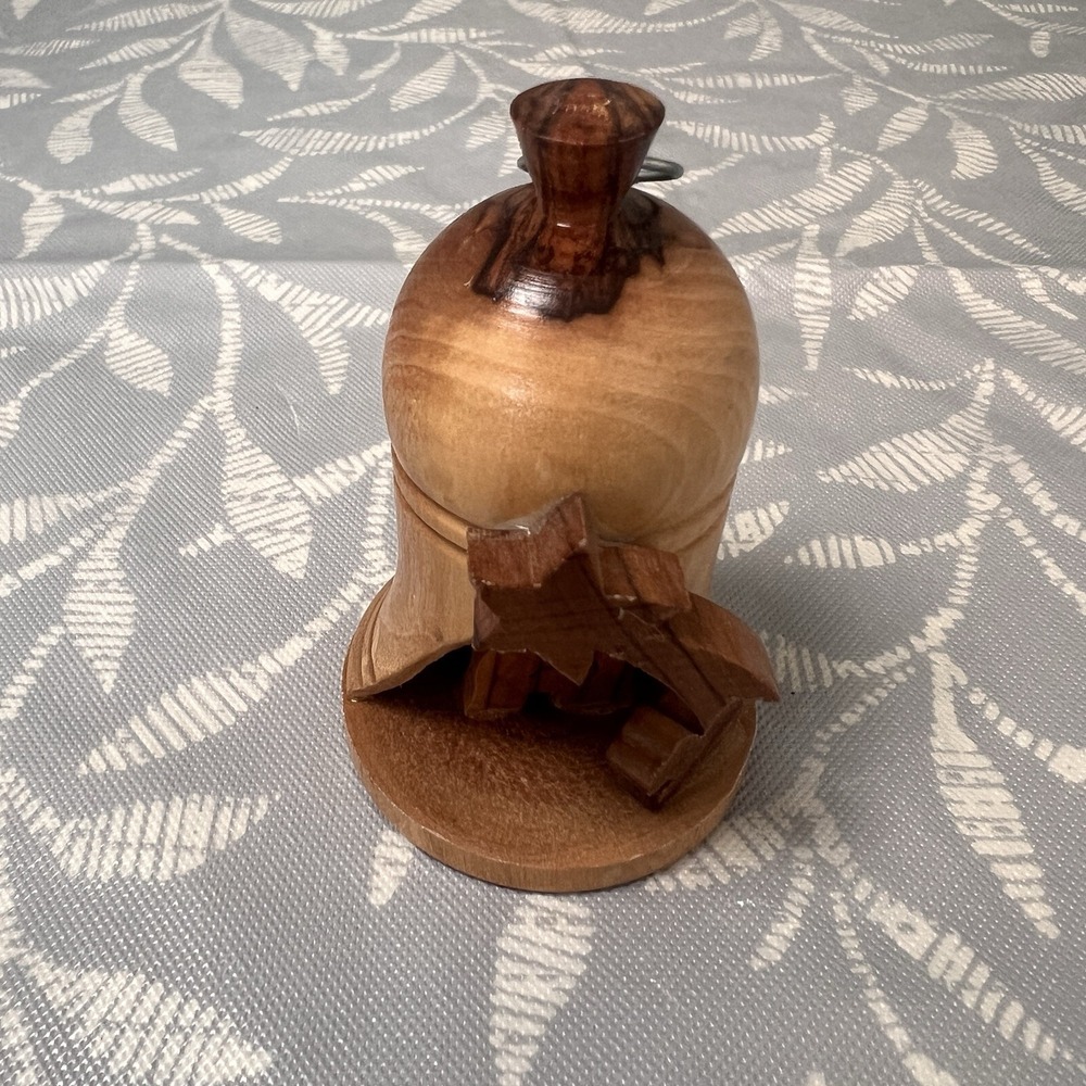 Vintage Bethlem Hand Craved Olive Wood Nativity Scene Inside A Bell Ornament